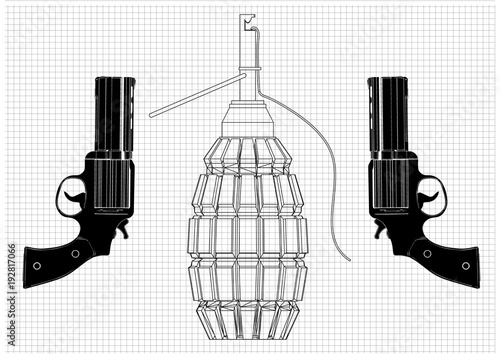 grenade and two pistols on a white