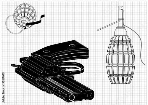 grenade and two pistols on a white