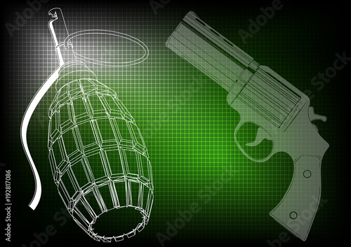 grenade and pistols on a green