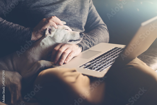 Man with his dog and laptop at home