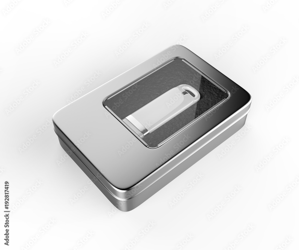 Stainless steel or tin metal shiny silver USB packaging box container with window lid Isolated on white background for mock up and packaging Design. 3d render illustration. Stainless steel or tin metal shiny silver USB packaging box container with window lid Isolated on white background for mock up and packaging Design. 3d render illustration.