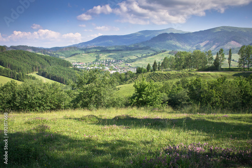 Rural houses lurk in the lowlands surrounded by beautiful natural views of the western Ukrainian region
