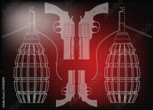 grenade and pistols on a red