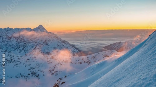 Time lapse sunset mountain landscape, winter Tatra mountains