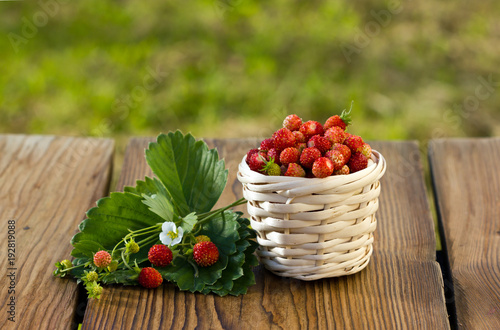 Juicy strawberries in a wicker basket, wooden table, against the backdrop of a beautiful background green garden.