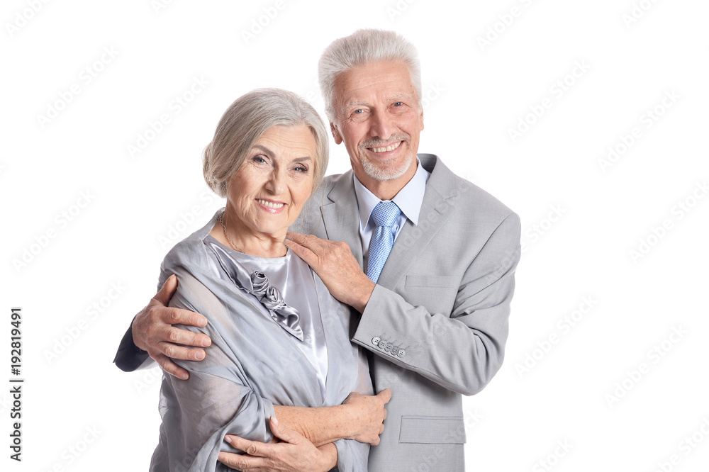 hugging senior couple on white background hugging senior couple on white background