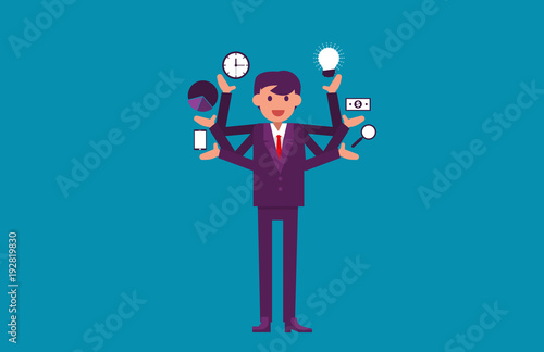 Multitasking. Businessman with multiple arms. Vector illustration business concept.