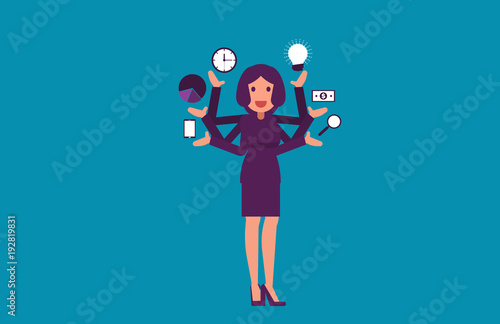 Multitasking. Businesswoman with multiple arms. Vector illustration business concept.