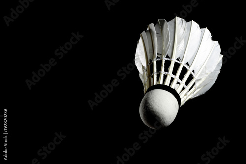 Set Badminton shuttlecock feather professional on isolated black background with text space, copy space.