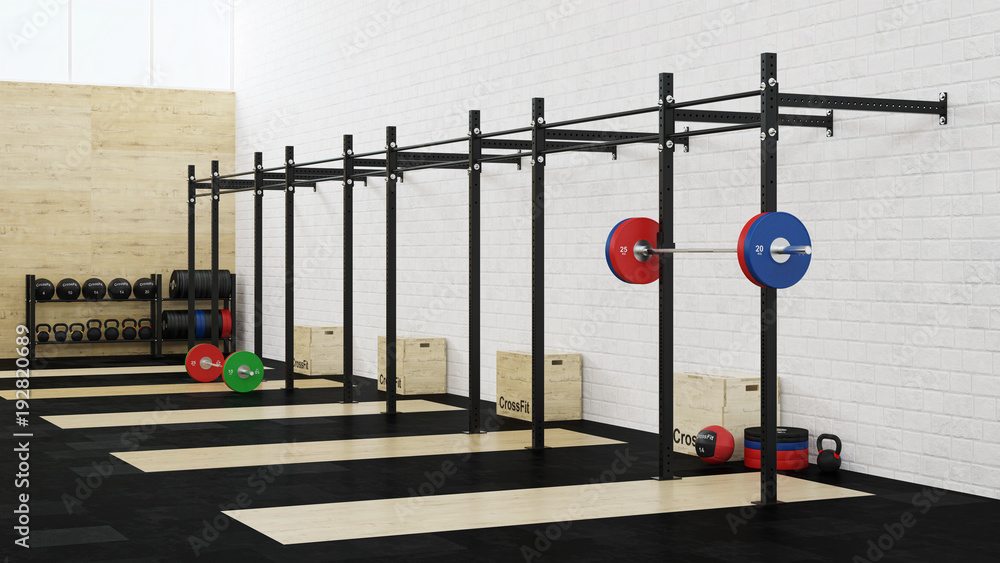 Gym. Crossfit. Equipment for cross-flow. 3D rendering. Gym. Crossfit. Equipment for cross-flow. 3D rendering.