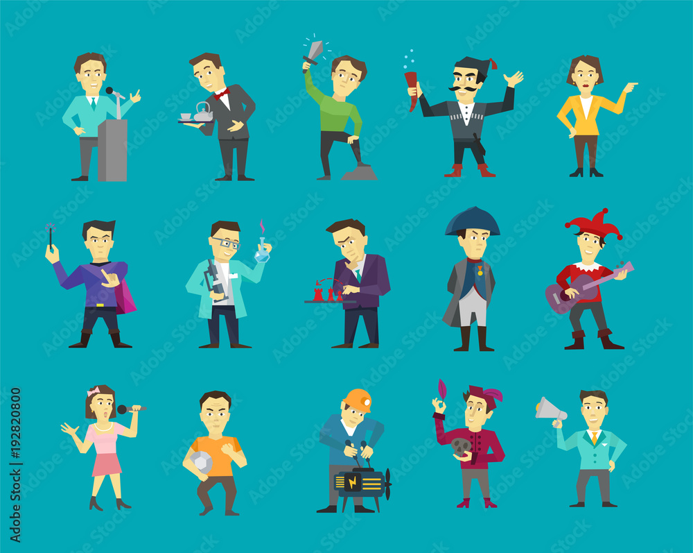 Set of different character design. Speaker politician and many others. Flat color vector illustration stock clipart on a blue background