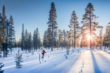 Fotobehang Wintersport Langlaufer bij zonsondergang in Scandinavië  © JFL Photography