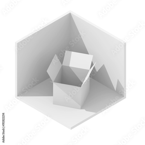 3d isometric rendering illustration of white empty cardboard box in empty room