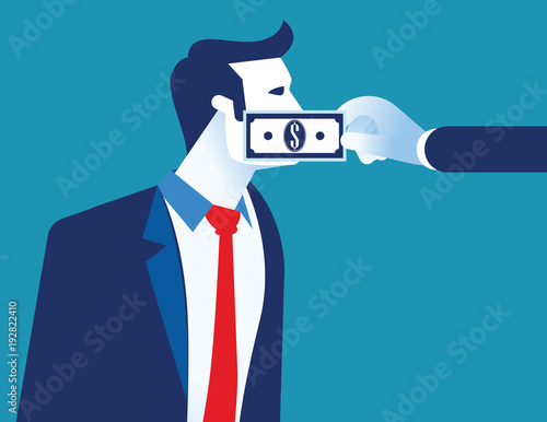 Lobbyist corruption. Businessman with bank note taped to mouth. Concept business vector illustration.