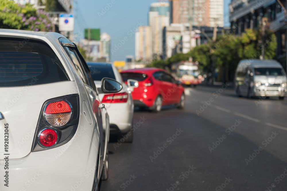 traffic jam with row of cars on street