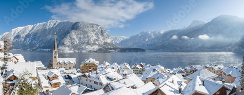 Hallstatt rooftops panorama in winter, Austria