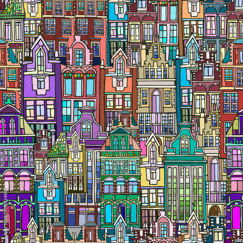 Vector seamless pattern with Dutch fictional vintage houses. Hand drawn. © abyrvalg_00