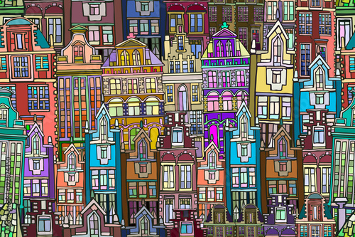 Vector seamless pattern with Dutch fictional vintage houses. Hand drawn.