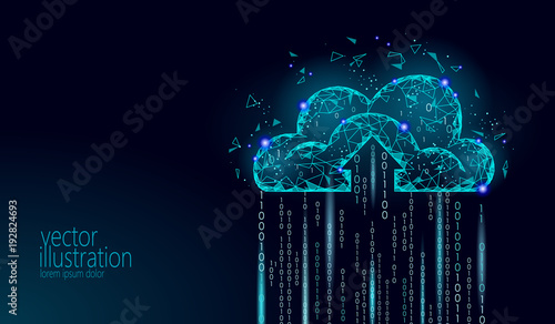 Cloud computing online storage low poly. Polygonal future modern internet business technology. Blue glowing global data information exchange available background vector illustration