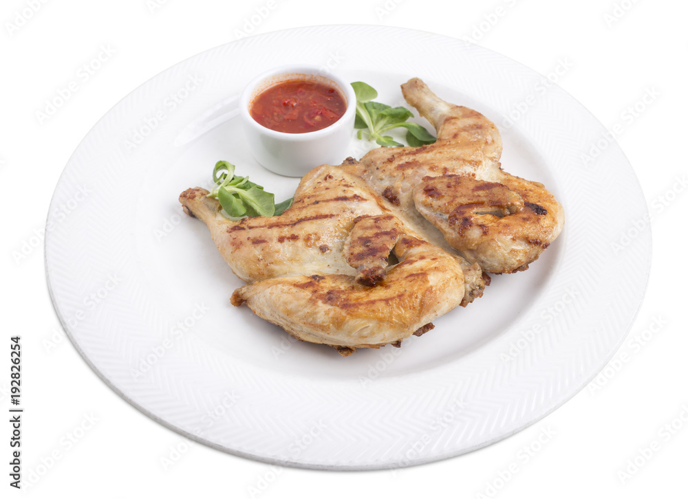 Grilled chicken with tomato sauce.