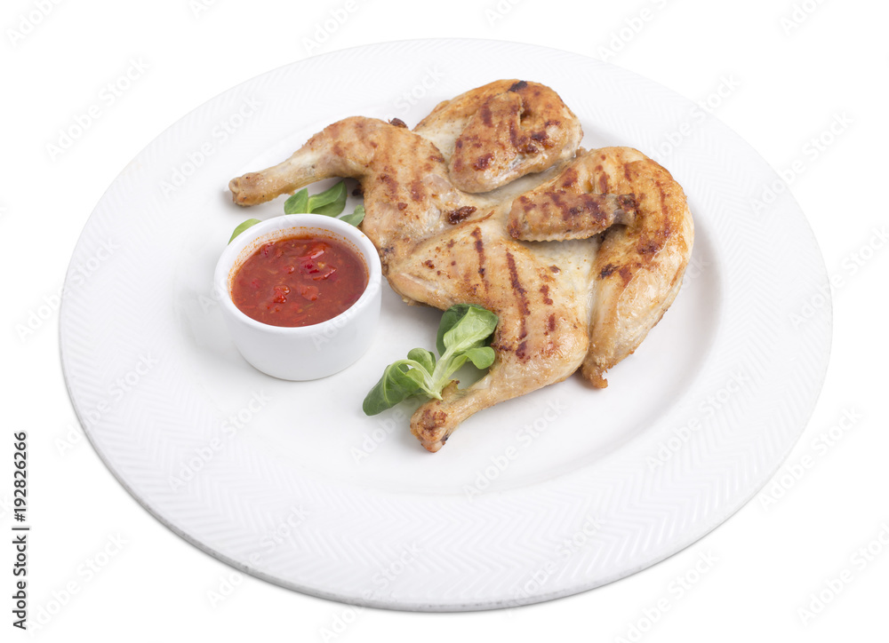 Grilled chicken with tomato sauce.