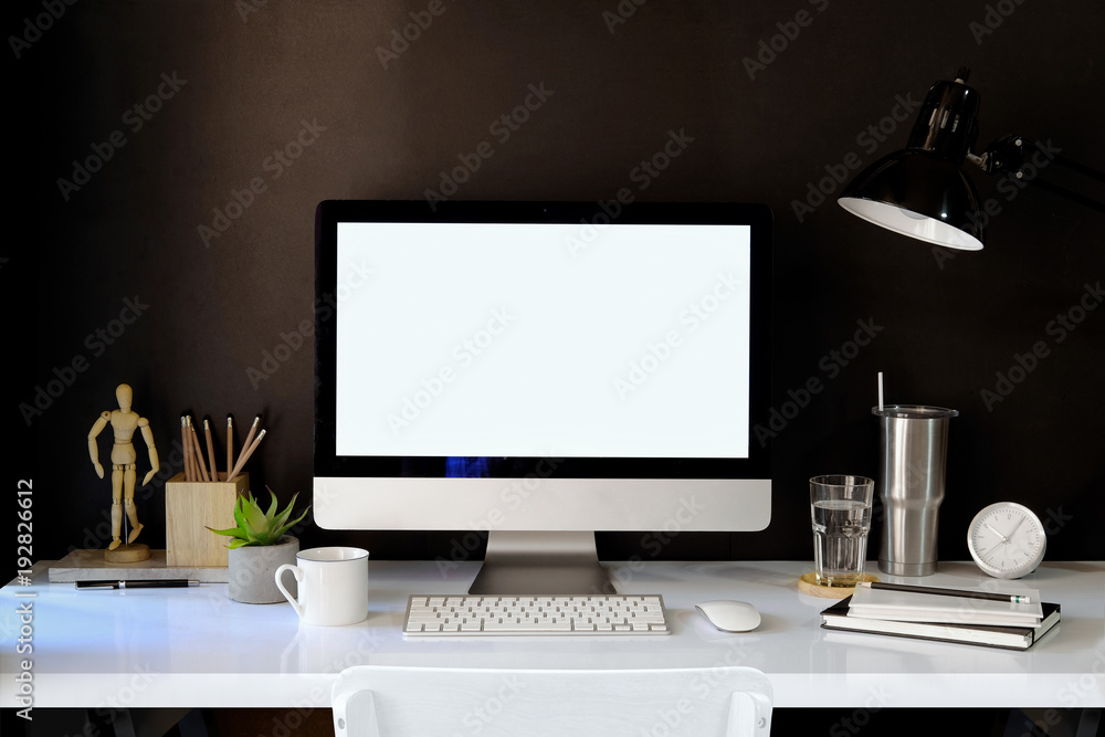 Fototapeta premium Stylish workspace mockup with desktop computer and designer craft accessories.