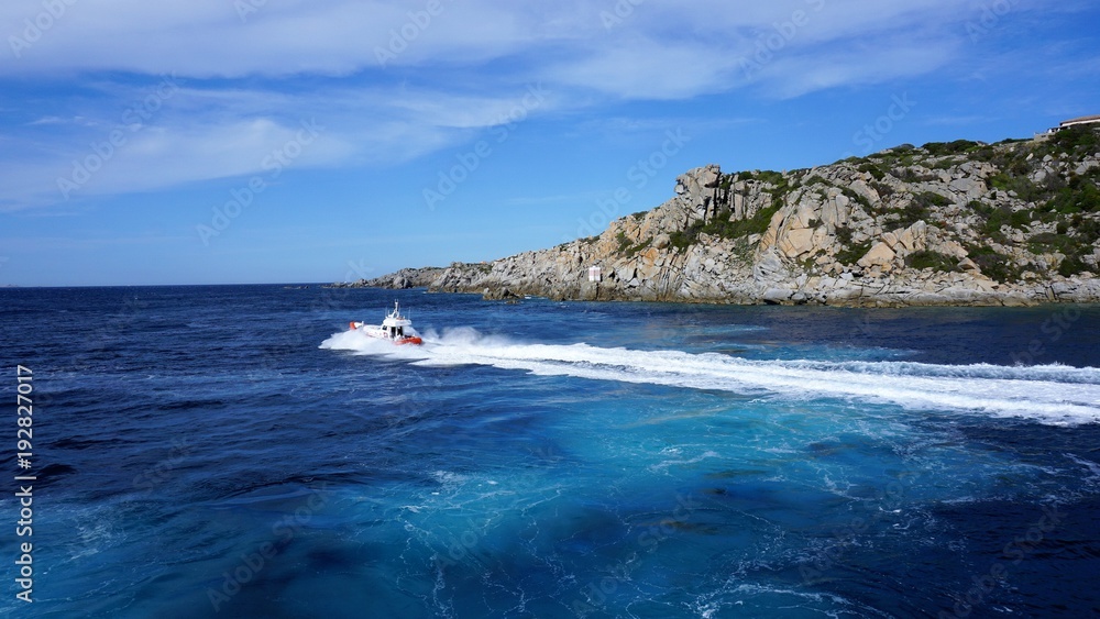 Traces in the Tyrrhenian Sea. The Bay of the town Santa Teresa Gallura, Sardinia