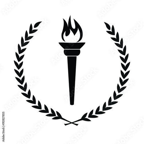 black icon of flame burning torch with laurel wreath leaves circle simple color flat vector illustration symbol of victory, sports game or succes achievement concept