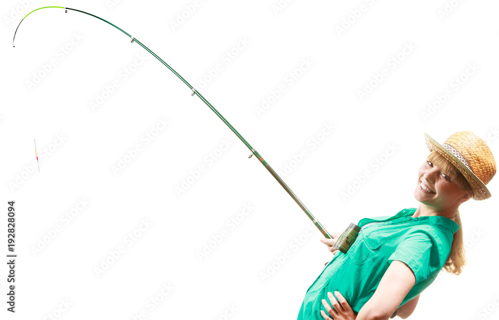 Obraz premium Woman with fishing rod, spinning equipment