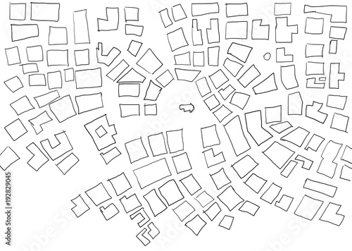 Top angle view of a sketch of a huge city in black ink on white paper (urban planning topic).