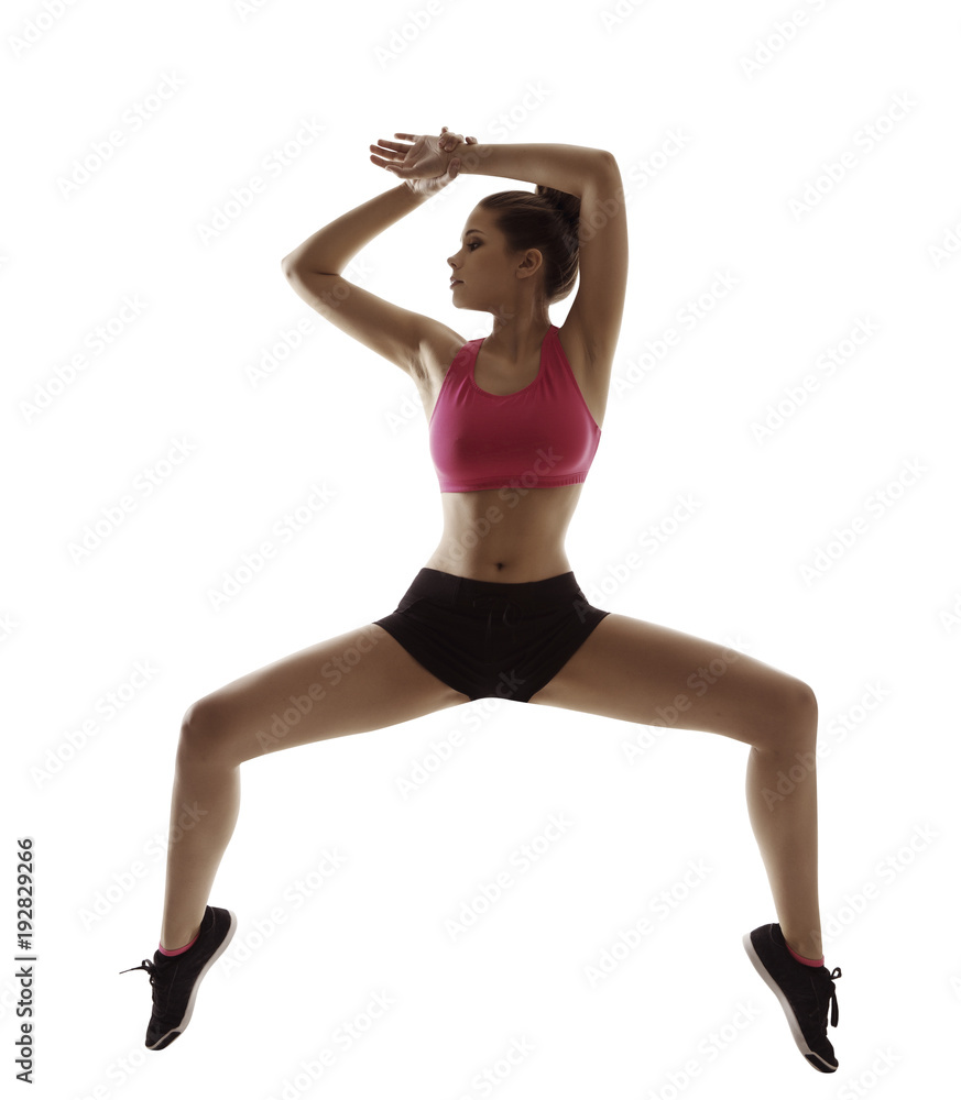 Fitness Exercise Legs Apart, Woman Sport Workout, Young Girl Gymnastics Training in Sporty Clothing, People Isolated over White Background Fitness Exercise Legs Apart, Woman Sport Workout, Young Girl Gymnastics Training in Sporty Clothing, People Isolated over White Background