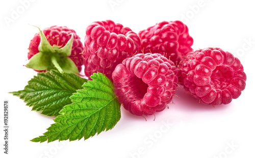 Raspberry berries with green leaf. Healthy food fresh fruit.