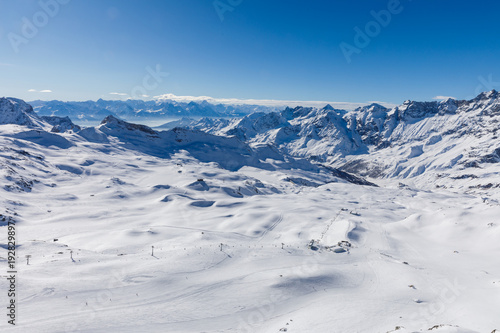 View from Furgghorn above Zermatt Switzerland towards Cervinia ski resort in Italy