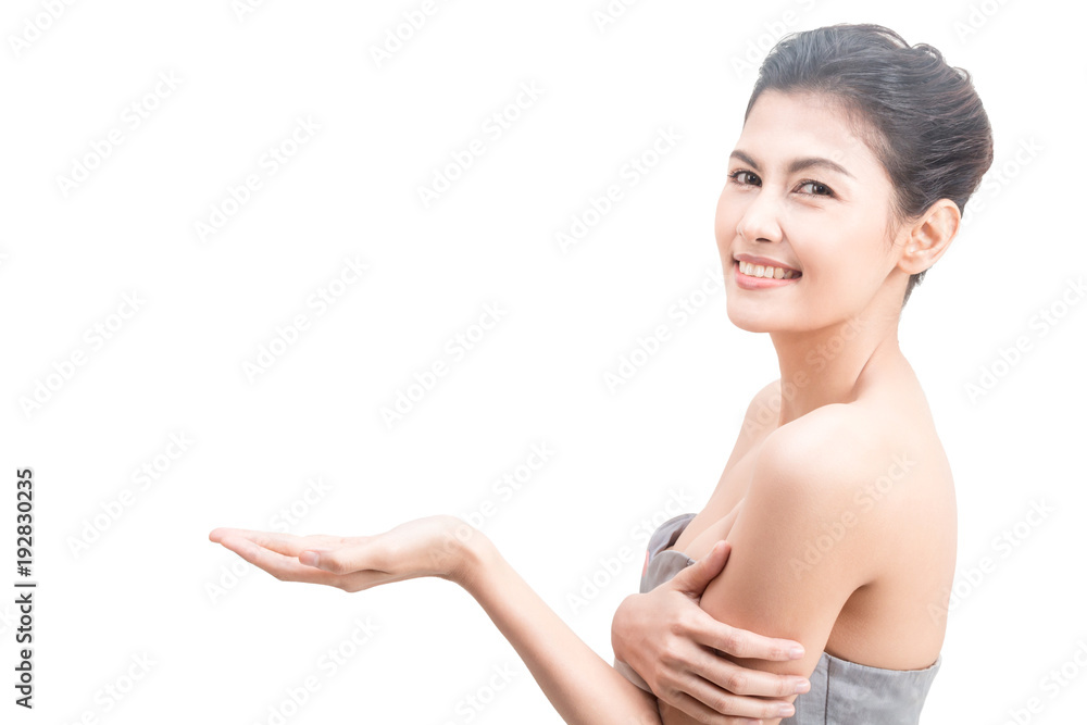 Beautiful young woman showing open hand palm presenting with copy space for product isolated on white background Beautiful young woman showing open hand palm presenting with copy space for product isolated on white background