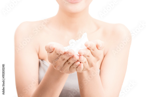 Woman holding face wash form.beauty and spa.perfect fresh skin isolated on white background