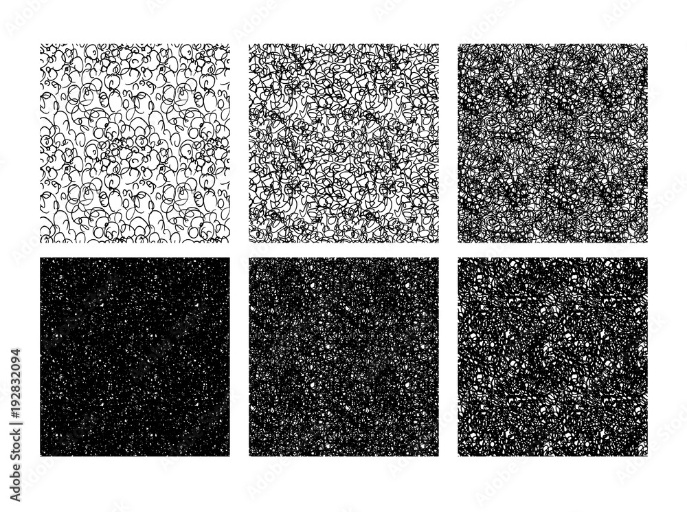 Fototapeta premium Seamless pattern of scribbles and loops texture set.