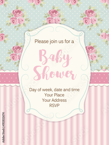 Cute shabby chic frame on roses and polka dots background