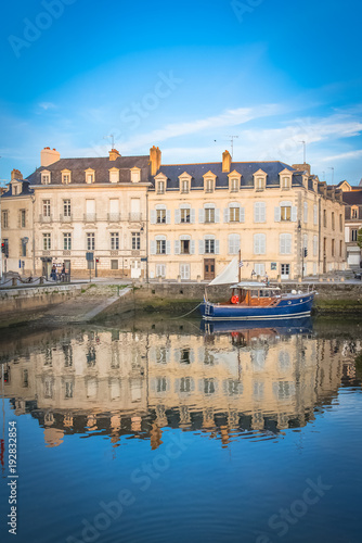 Houses and boats in the port of Vannes, magnificent city in Brittany 