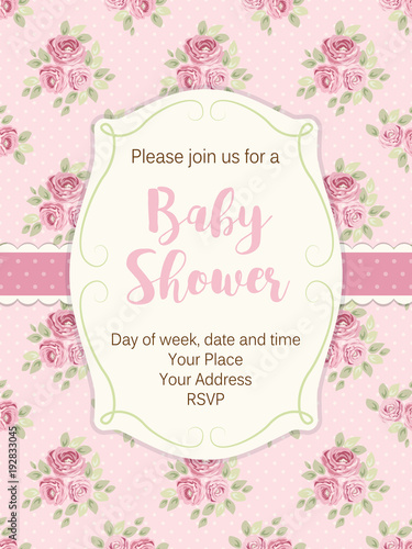 Cute shabby chic frame on roses and polka dots background