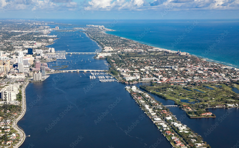 Aerial view of downtown West Palm Beach, Florida, and the upscale island of Palm Beach.