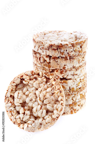 Diet rice cakes pile isolated on white background photo