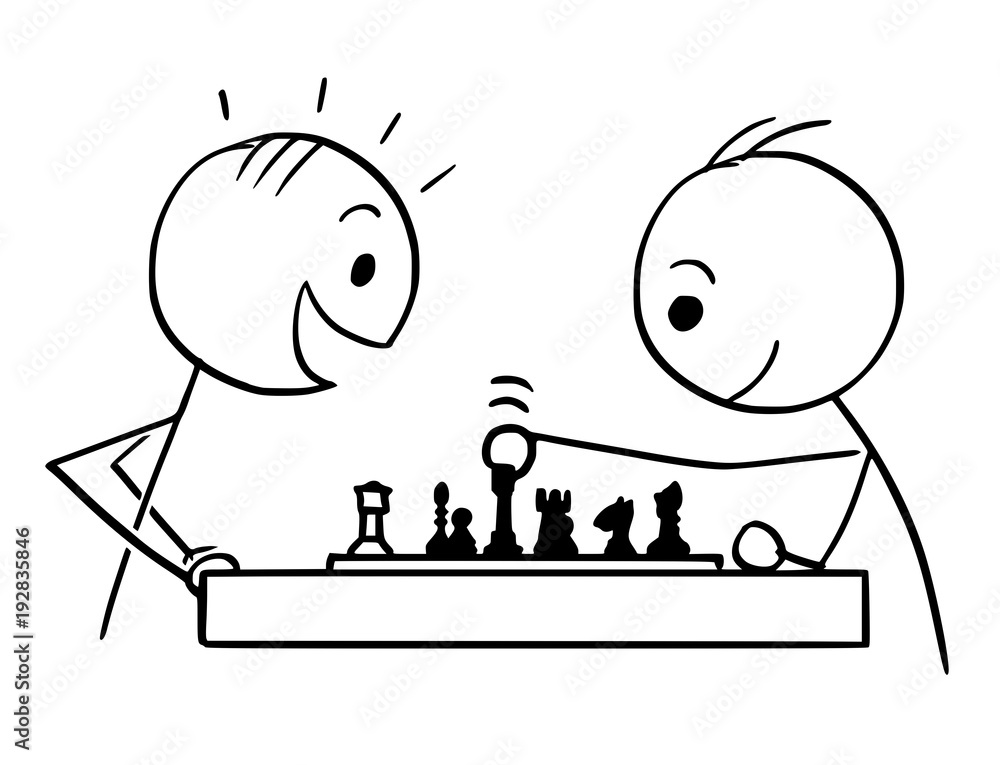 Cartoon stick man drawing conceptual illustration of two men or businessmen playing game of chess. Business concept of strategy, competition and planning. Cartoon stick man drawing conceptual illustration of two men or businessmen playing game of chess. Business concept of strategy, competition and planning.