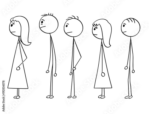 Cartoon stick man drawing conceptual illustration of group of people waiting in line or queue. Concept of stress and powerlessness.