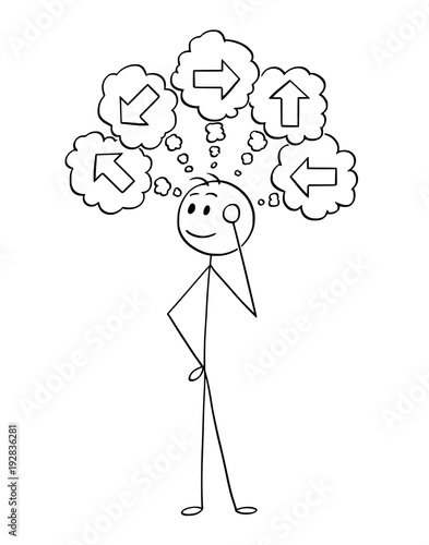Cartoon stick man drawing conceptual illustration of businessman thinking about what direction to choose. Business concept of decision.