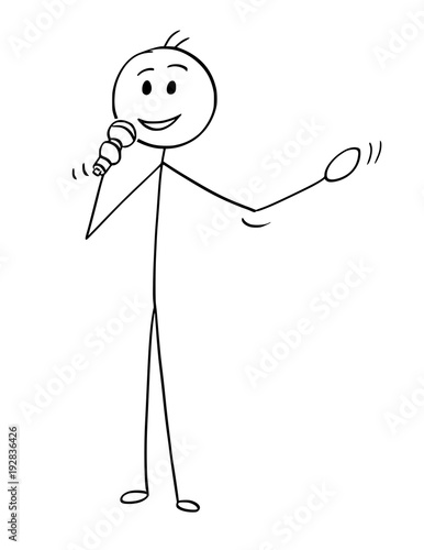 Cartoon stick man drawing conceptual illustration of businessman or business speaker or orator with microphone making speech or talking to public.