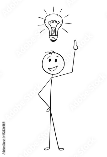 Cartoon stick man drawing conceptual illustration of businessman with light bulb above head. Business concept of idea, solution and imagination.