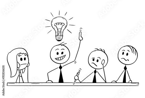 Cartoon stick man drawing conceptual illustration of business team meeting and brainstorming. Concept of teamwork and creativity.