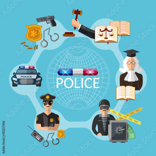 Law crime and punishment justice system concept, police criminal judge vector illustration