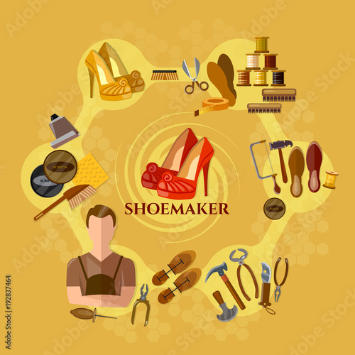 Shoemaker concept, professional equipment cobbler shoe repair shoe care shoemaker in the workplace vector