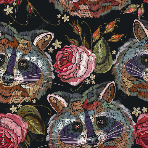 Raccoon head and roses embroidery seamless pattern. Fashion template for clothes, textiles, t-shirt design. Classical embroidery portrait of funny raccoon and roses pattern